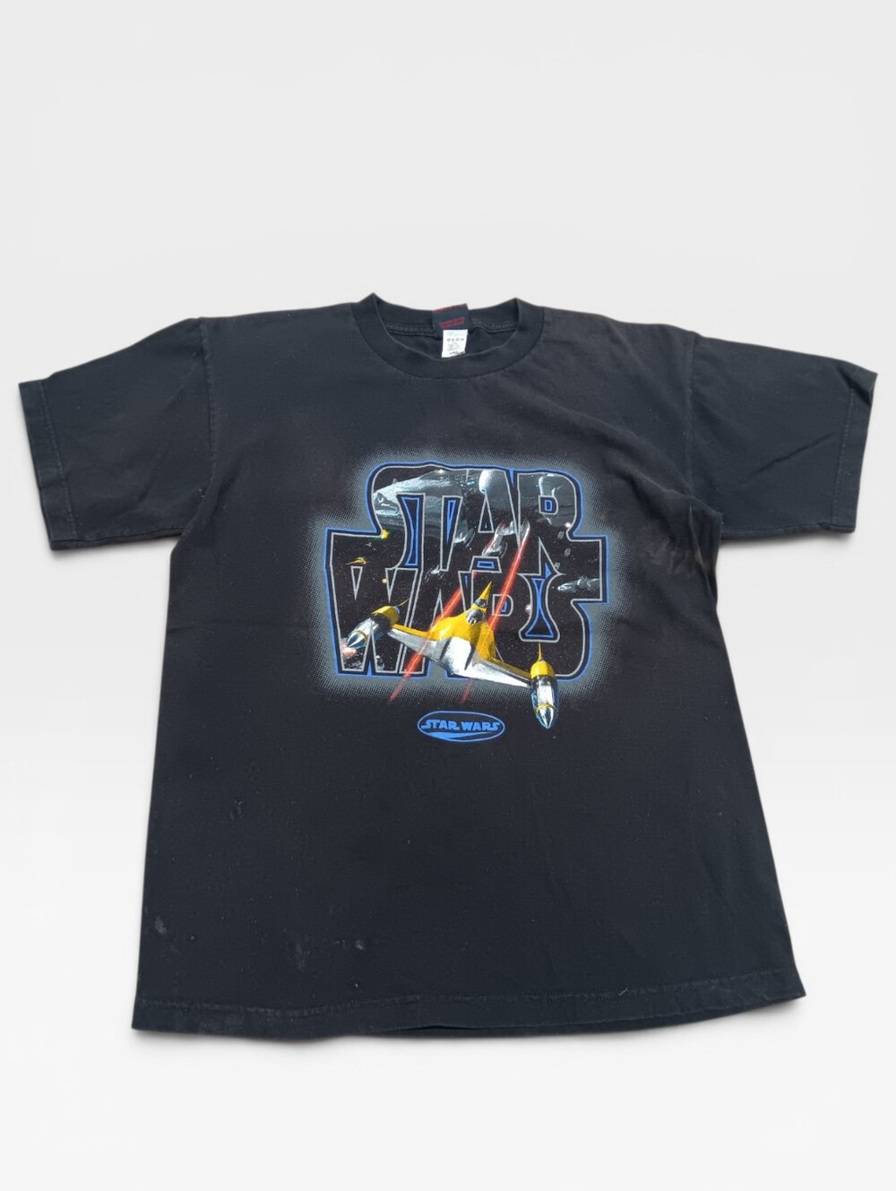 1999 Star Wars Episode 1 Naboo Black Tee with Yellow Starfighter Bleached Size L